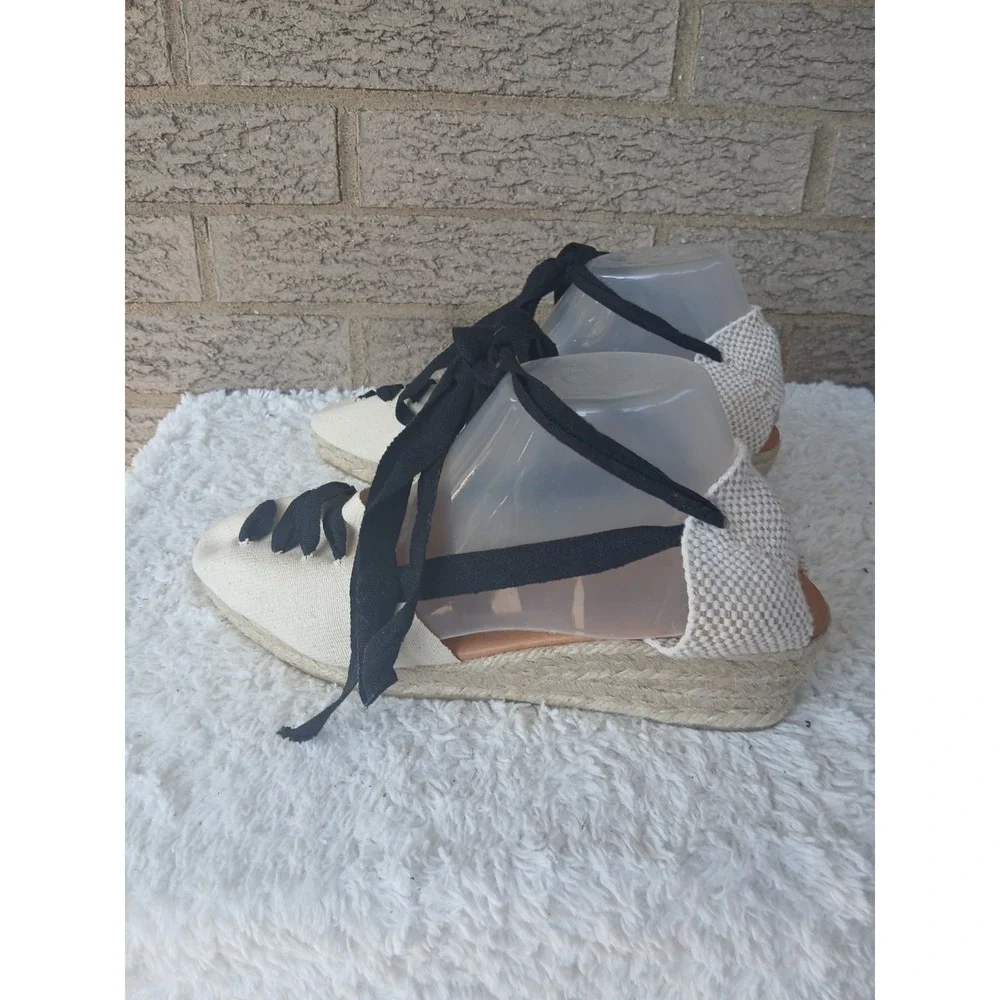 Picon Anthropologie Canvas Wedge Espadrille Sandals Ankle Ties Sz 41 Beachy
